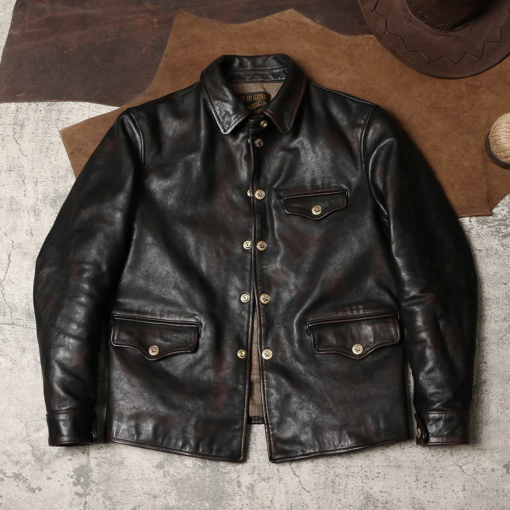 Riding Jacket Leather - YR!Free shipping.Men Deep brown vintage tea